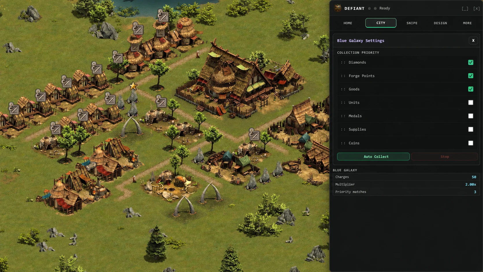 Defiant Blue Galaxy collection priority settings over a Forge of Empires city