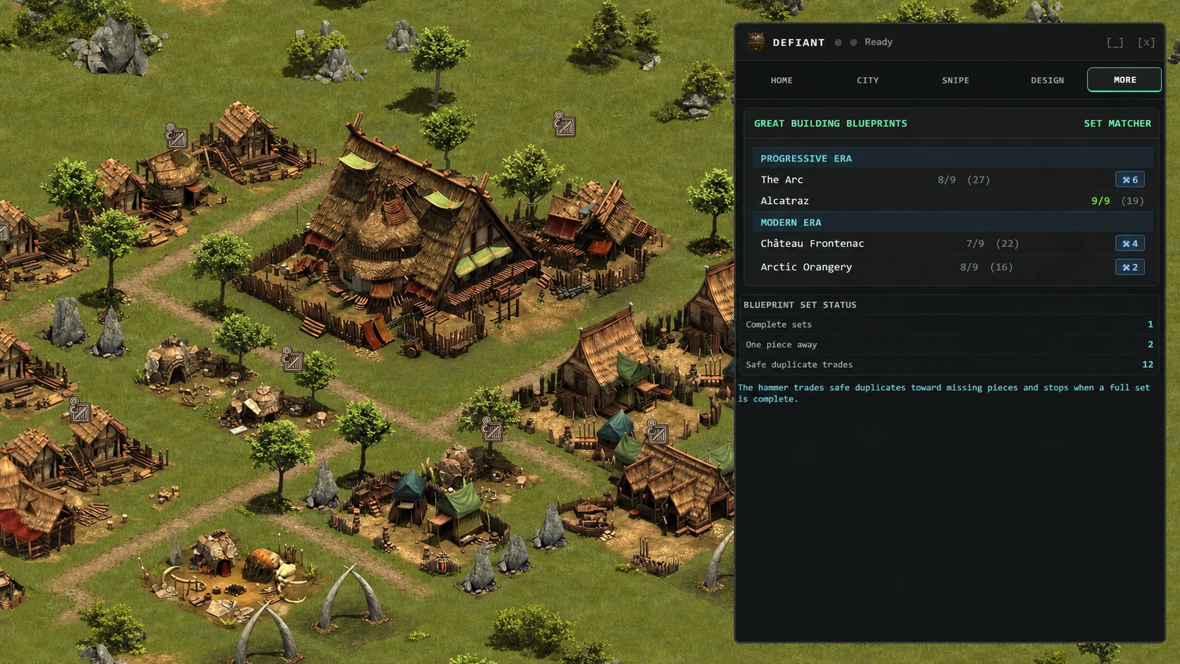 Defiant Great Building blueprint matcher showing complete and incomplete sets