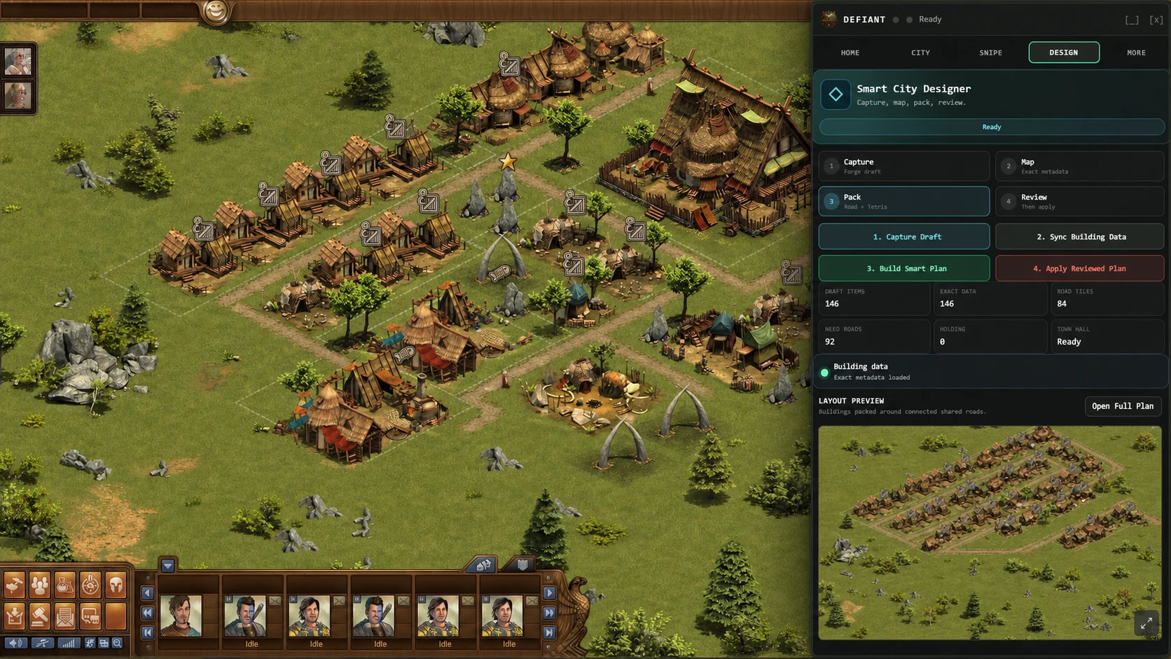 Defiant Smart City Designer workflow over a Forge of Empires reconstruction grid