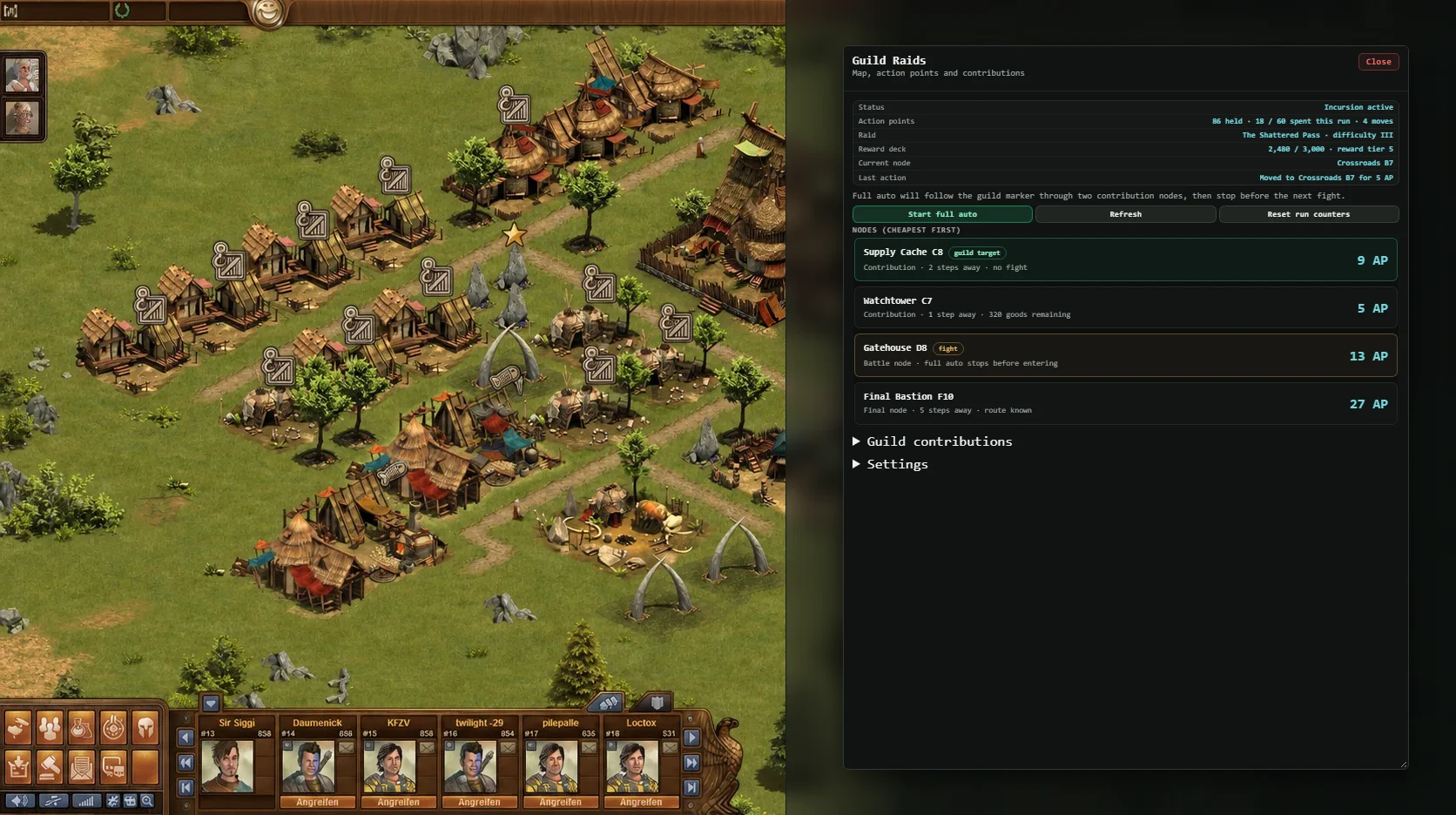 Defiant Guild Raids window showing a fictional raid route and action point costs