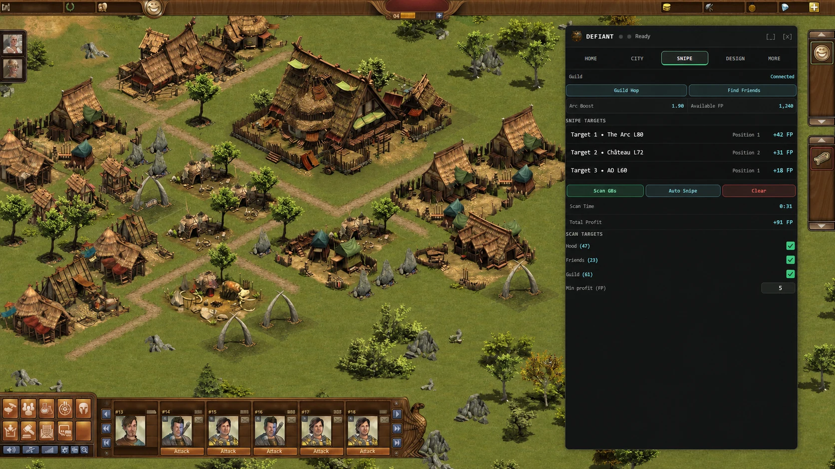 Defiant Great Building Sniper panel over a Forge of Empires city